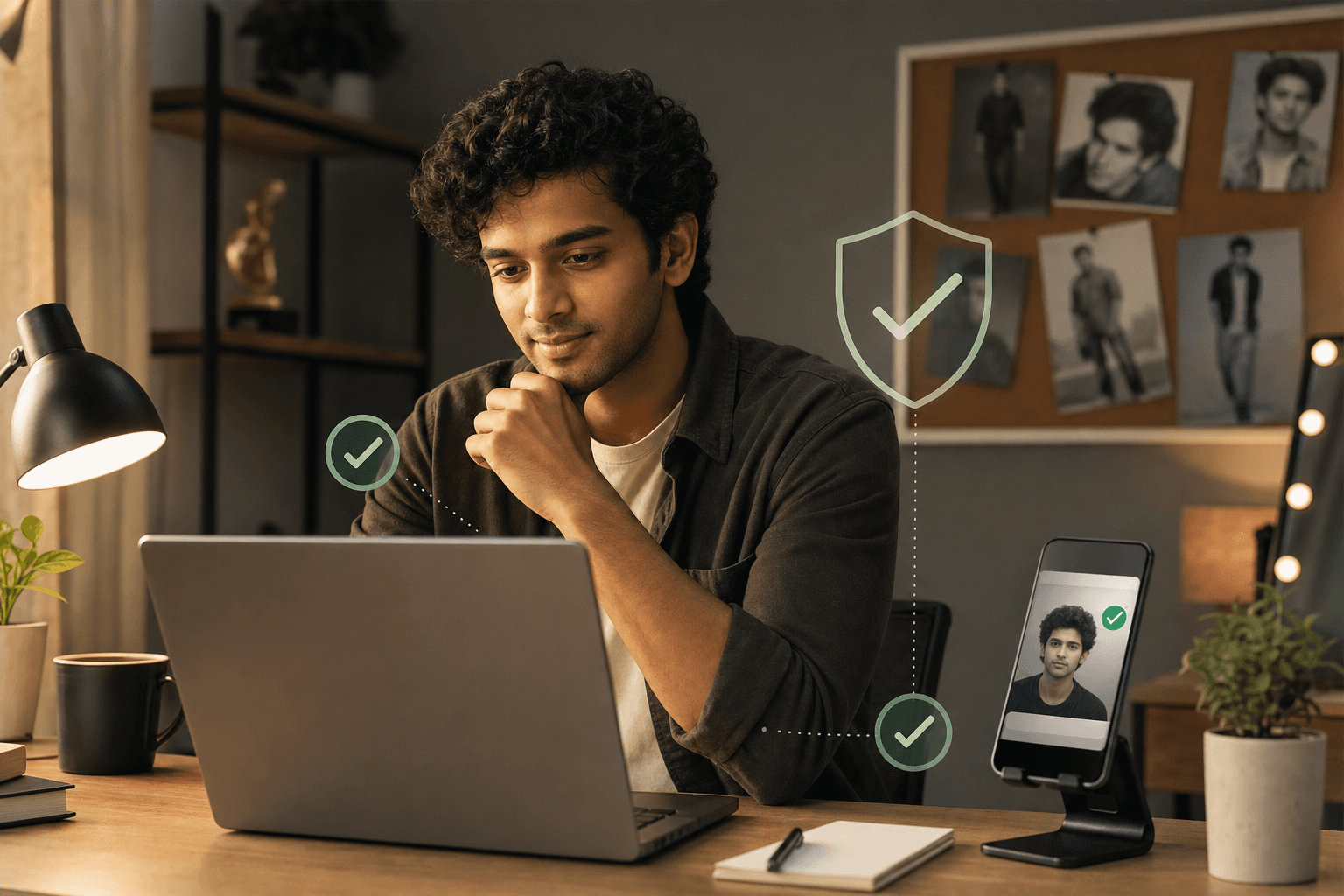 Actor reviewing an audition opportunity on a laptop with verification checkmarks
